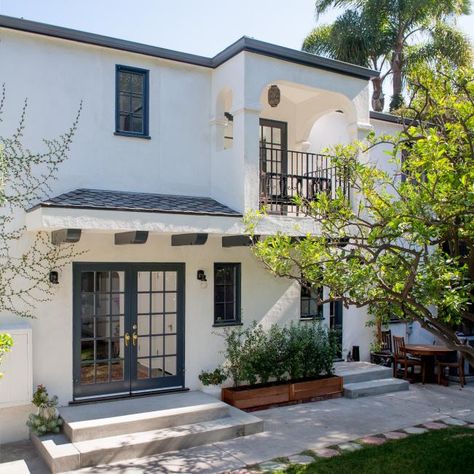 Colonial Modern, Second Floor Balcony, Spanish Revival Home, Mediterranean Exterior, Hollywood Hills Homes, Spanish Modern, Mediterranean Style Home, Concrete Stairs, French Doors Patio