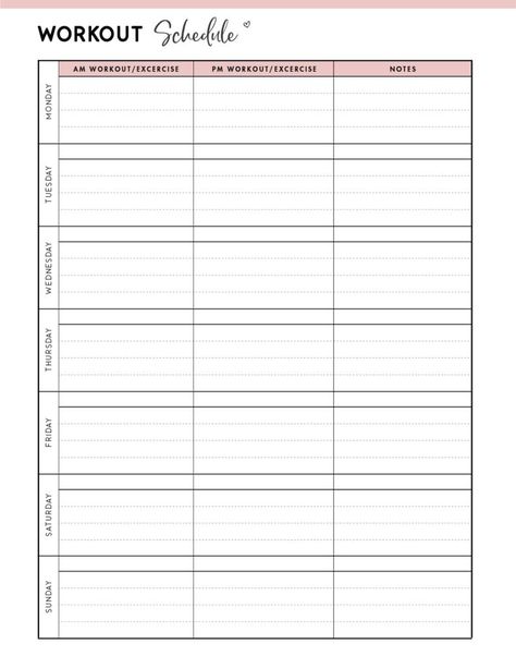 Free Printable Exercise Schedule Template - World of Printables Workout Schedule Printable, Gym Schedule Template, Workout Schedule Template Free Printable, Weekly Workout Schedule Template, Weekly Workout Planner Printable Free, Exercise Template, Blank Weekly Workout Schedule, Workout Schedule Template, Workout Log Printable