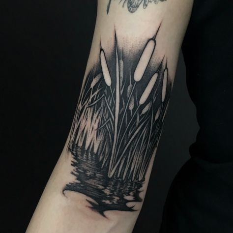 Swamp Tattoo Ideas, Cat Tail Tattoo, Cattail Tattoo, Swamp Tattoo, Spooky Swamp, Florida Swamp, Diving Tattoo, Tree Silhouette Tattoo, Canada Tattoo