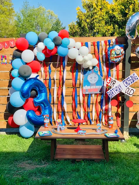 Tomas Train Party Ideas, Thomas 3rd Birthday, Thomas The Train Party Decorations, Thomas Train Birthday Party Decorations, Thomas The Train Balloon Arch, Thomas The Train 3rd Birthday Party, Thomas Train Party, Thomas Birthday Party Ideas, Thomas Train Birthday Party