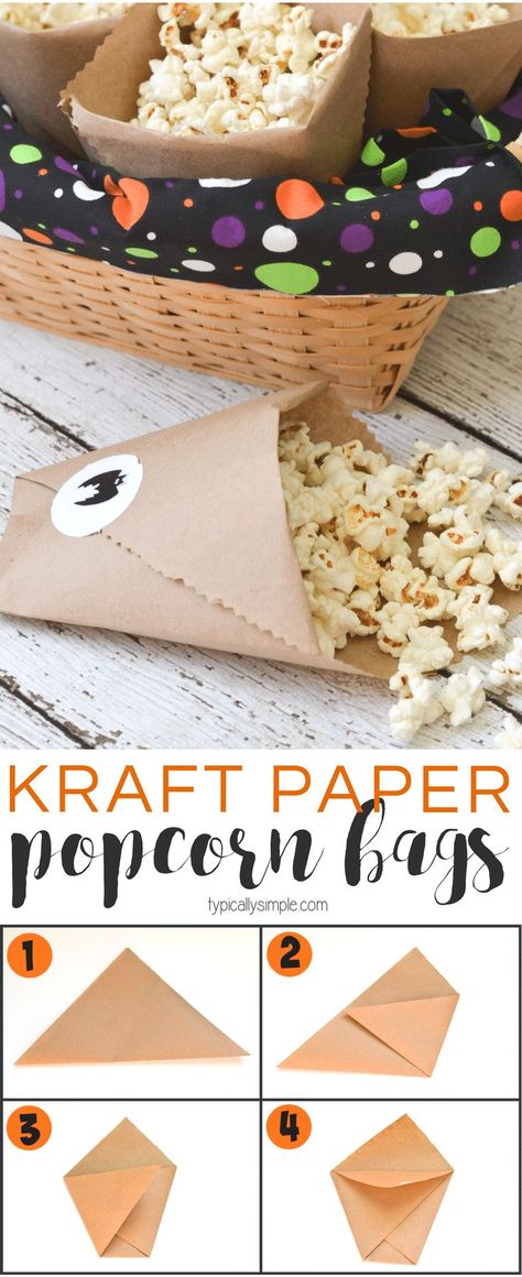 These easy DIY kraft paper bags are a fun way to serve popcorn at your Halloween parties! Just personalize the stickers to go with your party theme! Diy Paper Treat Bags, How To Serve Popcorn At A Party, Popcorn Serving Ideas, Popcorn Bags Diy, Popcorn Crafts, Popcorn Cones, Paper Popcorn, Popcorn Holder, Appetizers Ideas