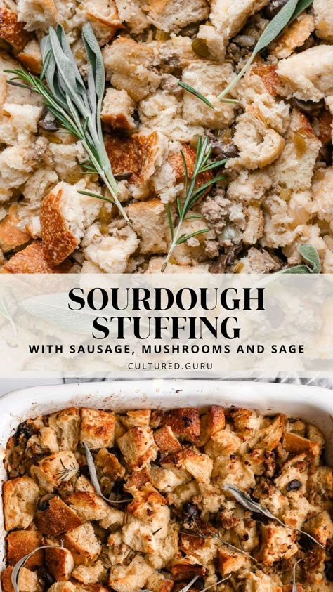 Sourdough stuffing is the most delicious Thanksgiving side dish. Made from scratch with sourdough bread, portobello mushrooms, pork sausage, and sage, this sourdough sausage stuffing will impress your dinner guests! #sourdough #stuffing #thanksgiving #sides Stuffing Recipes With Mushrooms, Sourdough And Cornbread Stuffing, Sour Dough Stuffing Recipe, Sourdough Discard Thanksgiving, Bread Dressing Recipes Thanksgiving Homemade Stuffing, Sourdough Stuffing Thanksgiving, Sourdough Stuffing Recipes, Thanksgiving Sourdough Recipes, Sausage Stuffing Thanksgiving