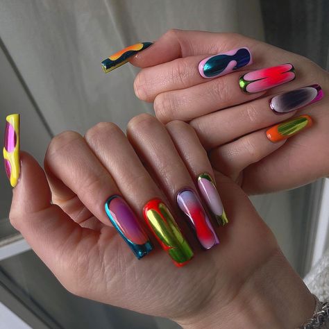 @badgirlsgoodnails | Instagram Chrome Abstract Nails, Abba Nails, Weird Nail Ideas, Artsy Nails Designs, Lsd Nails, Hairstylist Nails, Classy Nude Nails, Mosaic Nails, Fruit Nails