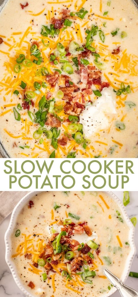 An amazing and EASY Crockpot Potato Soup recipe! The soup is creamy and chunky and so flavorful! It’s that perfect bowl of creamy soup for any occasion. Potatoe Bacon Soup Recipe Crockpot, Yummy Crockpot Soups, Slow Cooked Potato Soup, Pot Soup Recipes, Best Crockpot Baked Potato Soup, Crockpot Recipes Baked Potato Soup, Crock Pot Recipes Potato Soup, Crock Pot Soup Potato, Creamy Baked Potato Soup Crock Pot