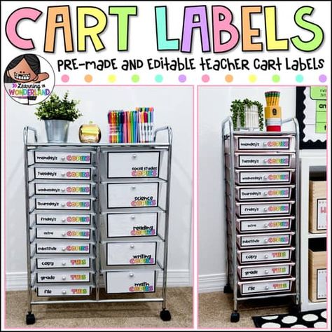 Teacher Rolling Cart Labels | Pre-Made & Editable | Pastel Rainbow (No Clip Art) Preschool Teacher Desk, Fluency Tracker, Math Practices Posters, Teacher Rolling Cart, Amy Groesbeck, Center Rotation Charts, Teacher Cart, Art For Teachers, Data Wall