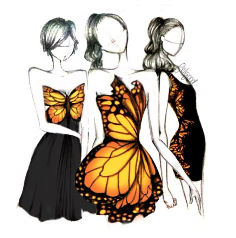 Butterfly Dress Drawing, Butterfly Dress Design, Girl With Butterfly, Dress Sketch, Butterfly Fashion, Fashion Drawing Tutorial, Dress Design Drawing, Fashion Illustration Sketches Dresses, Fashion Sketches Dresses