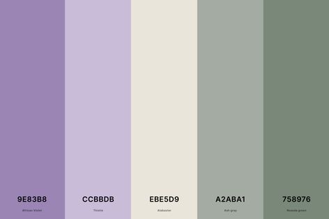 18. Sage Green And Purple Color Palette Color Palette with African Violet (Hex #9E83B8) + Thistle (Hex #CCBBDB) + Alabaster (Hex #EBE5D9) + Ash Gray (Hex #A2ABA1) + Reseda Green (Hex #758976) Color Palette with Hex Codes Purple Gray Green Color Palette, Lavender Color Palette Hex Code, Lilac And Sage Color Palette, Lilac Color Palette Wedding, Lilac Green Color Palette, Lavender And Sage Color Palette, Sage Green And Lilac Bedroom, Sage And Lavender Color Palette, Purple And Green Colour Palette