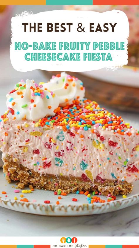 No-Bake Fruity Pebble Cheesecake Fiesta Easy Fruity Pebbles Cheesecake, No Bake Fruity Pebbles Cheesecake, Fruity Pebbles Dessert, Fruity Pebbles Cheesecake, Fruity Pebble Cheesecake, Fiesta Recipes, Gluten Free Holiday Recipes, Fruity Pebble, Fruity Pebbles Cereal