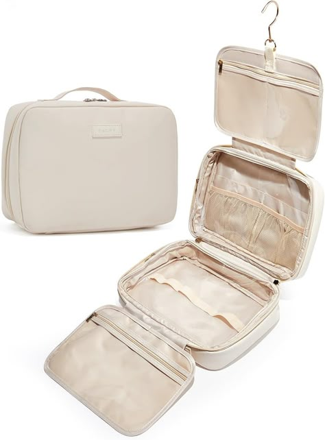 Amazon.com: EACHY Travel Toiletry Bag with Hanging Hook, Portable Makeup Cosmetic Bags for Women, Water-Resistant Full-Size Travel Accessories (Beige) : Beauty & Personal Care Christmas List Idea, Essentials For College, Hanging Cosmetic Bag, Traveling Essentials, Travel Packing Essentials, Wish List Items, Travel Packing Checklist, Travel Accessories Organization, Leather Cosmetic Bag