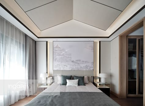 Slope Roof Bedroom, Triangle Ceiling Bedroom, Modern Condo Living Room, Triangle Ceiling, Luxury Headboard, Sloping Roof, Condo Living Room, Interior Ceiling Design, Wardrobe Door Designs