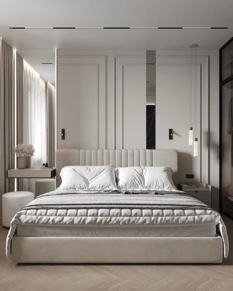 Wainscoting With Wallpaper Bedroom, Classic Minimalist Bedroom, Modern Classic Bedroom Luxury, Mini Bedroom Design, Modern Classic Interior Bedroom, Luxury Grey Bedroom, Luxury Bedroom Wallpaper, New Classic Bedroom Design, Modern Bedroom Interior Luxury