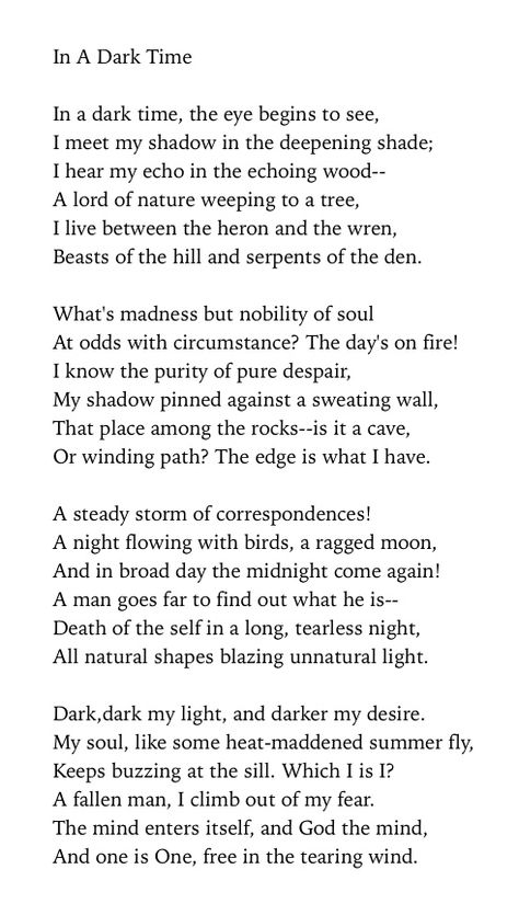 In a Dark Time - Theodore Roethke Dreamy Poetry, Writing Drafts, Slam Poems, Theodore Roethke, Favorite Poems, Prose Poetry, Poet Quotes, Poetic Words, Best Poems