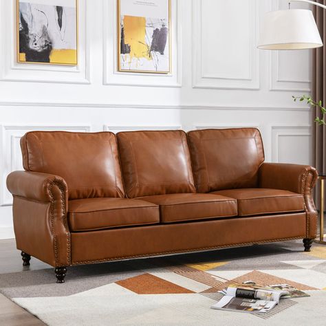 Lark Manor Amarius 80" Wide Faux Leather Rolled Arm Sofa & Reviews | Wayfair Thick Sofa, Leather Couch Living Room, Leather Sofa Couch, Faux Leather Sofa, Sofa Cushions, Rolled Arm Sofa, Cat Bed Furniture, Leather Roll, Leather Couch