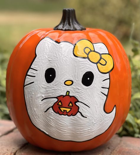 Toddler Girl Pumpkin Painting Ideas, Sanrio Painted Pumpkin, Cute Pumkins Ideas Painting Preppy, Baddie Pumpkin Painting, Coquette Pumpkin Painting Ideas, Fall Themed Painted Pumpkins, Pumpkin Painting Ideas Mickey Mouse, Ideas To Paint On Pumpkins, Pumpkin Painting Inspo Easy