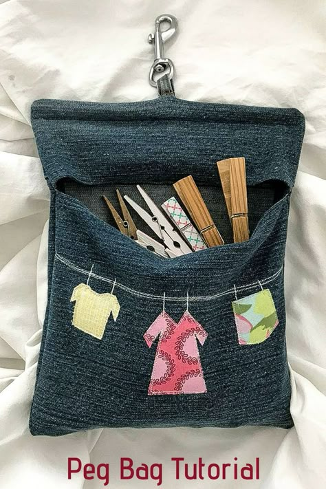 Denim Peg Bag Pattern, recycled old jeans to create a denim peg bag. Denim Peg Bag Tutorial Peg Bag Pattern, Tote Bag Pattern Free, Clothespin Bag, Peg Bag, Bag Tutorial, Leftover Fabric, Bags Tutorial, Sewing Projects For Beginners, Sewing Skills