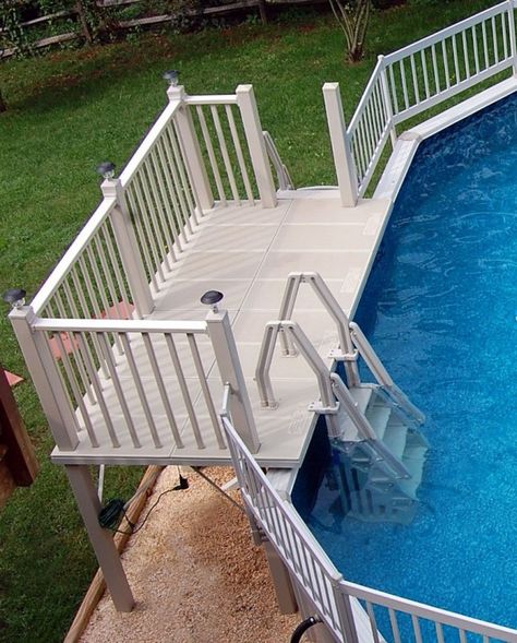 Pre Built Decks For Above Ground Pools Above Ground Pool Stairs, Above Ground Pool Ladders, Above Ground Pool Steps, Pool House Decor, Above Ground Pool Deck, Piscina Intex, Oval Pool, Pool Deck Plans, Pool Porch