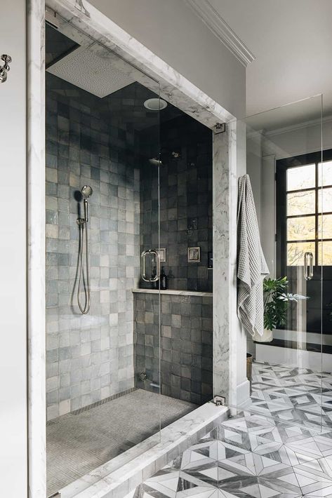 Tour this absolutely stunning historic home renovation in Michigan Jean Stoffer Design, Jean Stoffer, Marble Showers, Transitional Bathroom, Interior Windows, Bathroom Suite, The Madison, Modern Sconces, Bathroom Wallpaper