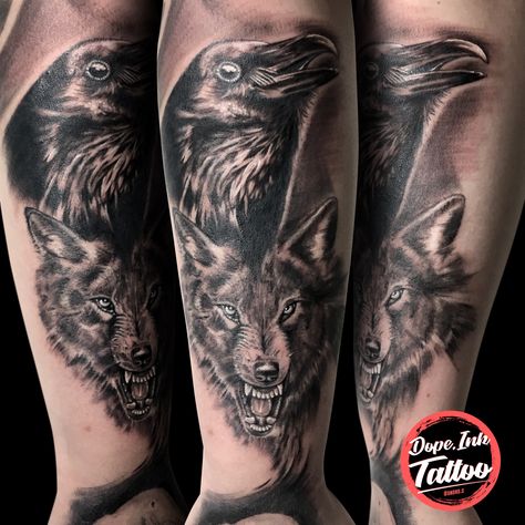 Wolf and Raven #tattooartist #tattooart #blackandgrey #wolf #raven #realistic #inked #inkedup | Done at Dope.Ink Tattoo | Apr 19th 2019 | 951950 Raven Wolf Tattoo, Odin Drawing, Wolf Tattoo For Women, Wolf Face Paint, Wolf And Raven, Wolf Pack Tattoo, Raven Wolf, Wolf Tattoos For Women, Celtic Raven