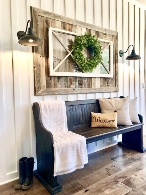 Farmhouse Walls Living Room, Wall Decor Farmhouse Dining Room, Farmhouse Dining Room Furniture Ideas, Farmhouse Decor Dining Room Wall, Farmhouse Wall Decor Over Couch, Large Farmhouse Wall Decor Living Room, Farmhouse Focal Wall Ideas, Decorating Wall Behind Dining Table, Dining Room Bench Decor