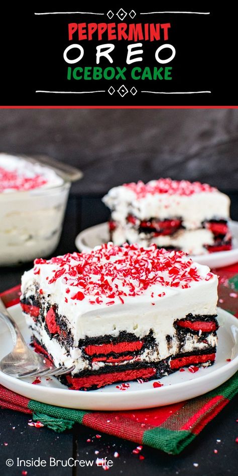 Two white plates with squares of peppermint oreo icebox cake topped with whipped cream and peppermint candies on a holiday towel Peppermint Icebox Cake, Oreo Christmas Cake, Peppermint Oreo Icebox Cake, No Bake Oreo Peppermint Cheesecake Bites, Christmas Icebox Cake, Christmas Desserts Impressive, No Bake Peppermint Cheesecake, Icebox Pies, Holiday Dessert Drinks