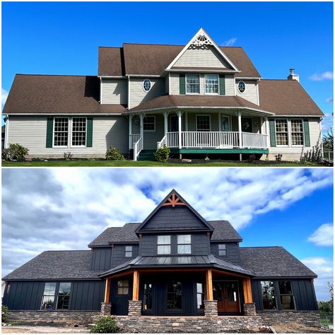 Our 1995 farmhouse (yes, we are farmers!) needed an update and we are so pleased with the result! Siding-LP Smartside Board & Batten and Shake siding in Abyss Black. Windows-Marvin Elevate in Bronze Roof Shingles-Owens Corning Black Sable Front French Door-Shuster fiberglass door Bronze Roof, Lp Smartside Siding, Smartside Siding, Lp Siding, Lp Smartside, French Front Doors, Exterior Color Palette, Shake Siding, Board Batten