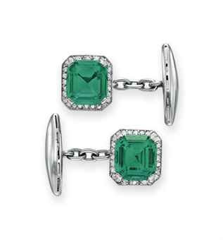 A PAIR OF EMERALD AND DIAMOND CUFFLINKS -   Each set with a modified rectangular-cut emerald, weighing approximately 4.44 and 3.28 carats, within an old European-cut diamond surround, joined by a chain to the platinum terminal, mounted in platinum Diamond Cufflinks, Diamond Cufflinks Men, Luxury Diamond Cufflinks For Business, Luxury Diamond Gold Cufflinks, Emerald Cufflinks, Men's Jewelry, Men's Accessories, Diamond Cufflink, Vintage Style Rings