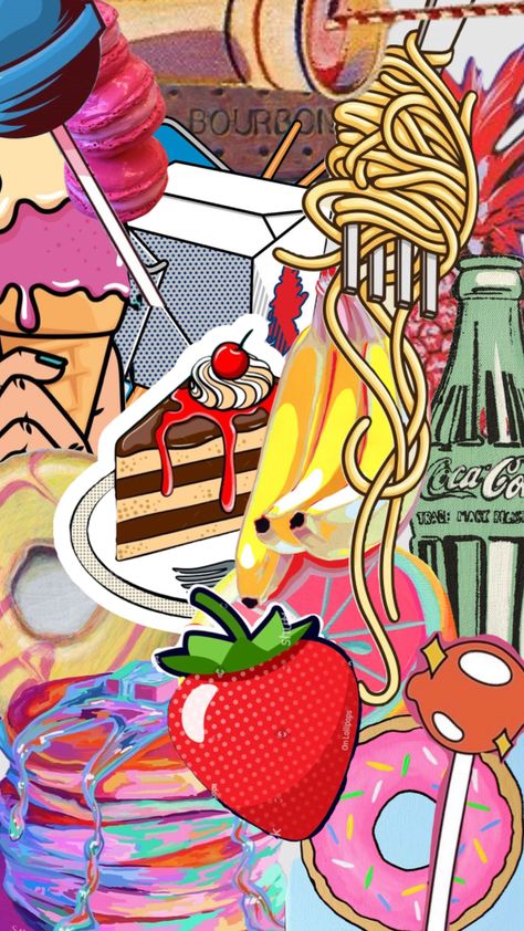 food pop art moodboard homework lol Pop Art Kitchen Ideas, Pop Art Food Painting, Pop Culture Art Ideas, Food Pop Art, Food Collage Art, Pop Art Fruit, Art Party Foods, Overlapping Art, Pop Art Party