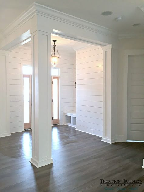 Custom Wainscoting, Modern Farmhouse Foyer, Columns Design, Farmhouse Trim, Farmhouse Foyer, Living Room Wood Floor, Interior Columns, Ship Lap, Crown Moldings