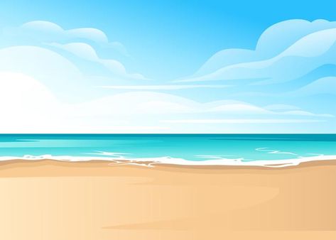 Tropical landscape of coast beautiful se... | Premium Vector #Freepik #vector #background #poster #travel #water Tropical Beach Illustration, Beach Cartoon Background, Beach Background Landscape, Beach Reference, Coast Illustration, Minion Painting, Sunset Sailboat, Sea Clipart, Beach Cartoon