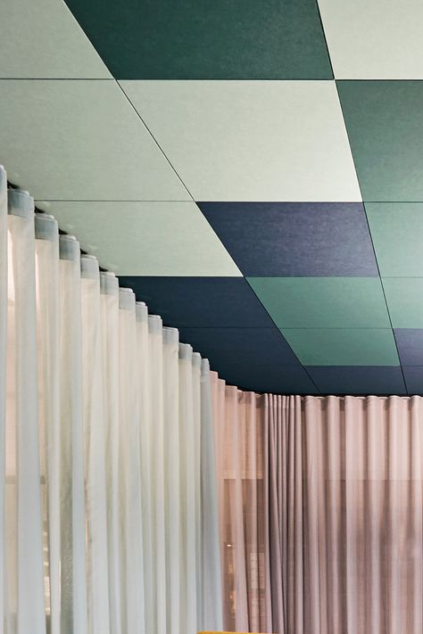 A colourful, checkered ceiling design that has sage green, navy, and forest green colour combinations Checkered Ceiling, Office Ceiling Tiles, Office Curtains, Curtain Divider, Light Curtains, Ceiling Details, Acoustic Ceiling Tiles, Office Ceiling, Open Space Office