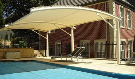 Shade sails are increasingly popular options that give a truly modern look to a pool. Description from shadefxcanopies.com. I searched for this on bing.com/images Pool Canopy, Pool Shade, Backyard Shade, Shade Sails, Wooden Pergola, Patio Shade, Shade Canopy, Backyard Pergola, Modern Pools