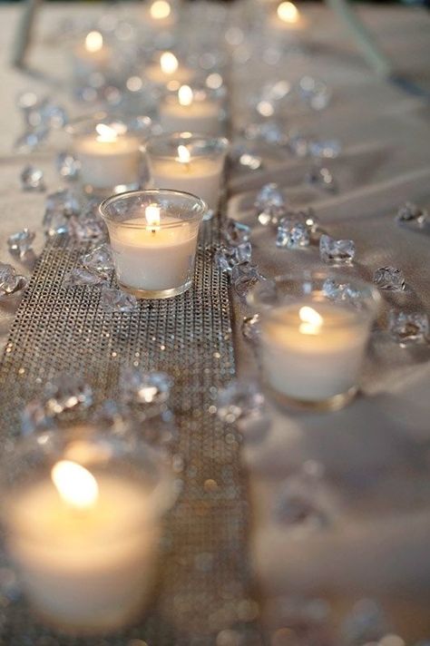 How To Nail Serious Sparkle at Your Wedding! (Crystals, Rhinestones and All Things Shiny) | WedMeGood Winter Wonderland Wedding Centerpieces, 60th Anniversary Parties, Candles Flowers, Tafel Decor, Cha Bar, Gatsby Theme, 60 Wedding Anniversary, Denim And Diamonds, Wedding List