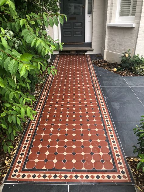 Recent  Victorian Floor Tile project - North London. Bought from our London showroom in Crouch End. Period Home Interiors, Mosaic Pathway, Home Tiles Design, Victorian Mosaic Tile, English Tiles, Geometric Tile Design, Octagon Tile, Pathway Ideas, Classic Fireplace