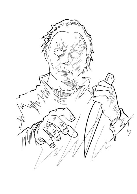 Jigsaw Tattoo Stencil, Michael Myers Full Body Drawing, Michele Myers Tattoo, Micheal Myers Coloring Pages, Scary Tattoo Stencil, Micheal Myers Tattoo Stencil, Halloween Killers Drawings, Micheal Myers’s Tattoo, Micheal Myers Drawings Easy