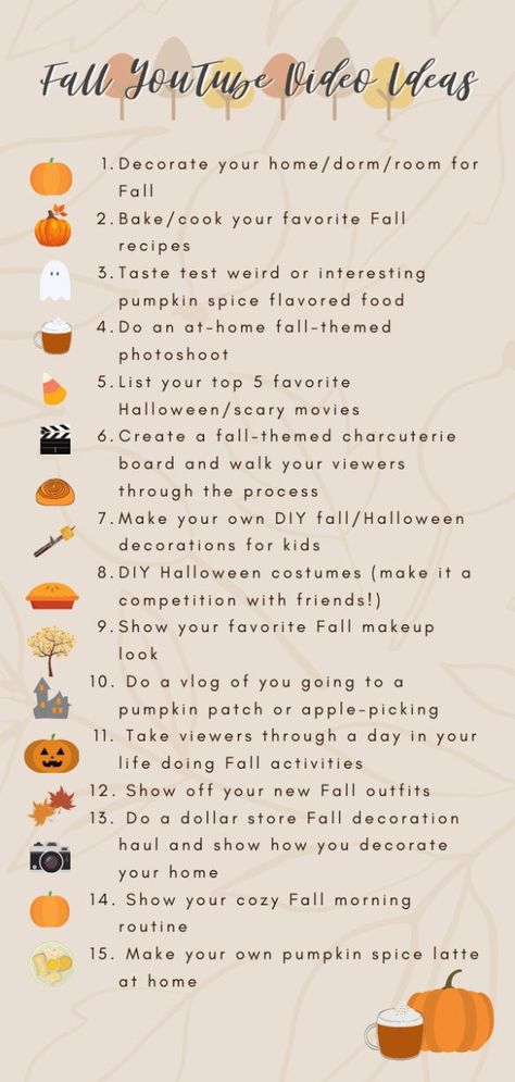 How To Youtube Video Ideas, Fall Content Ideas For Youtube, Youtube Video Ideas List Aesthetic, Halloween Youtube Video Ideas, Youtube Video Ideas 2022, Things To Bake In Autumn, Youtube Art Video Ideas, Fall Video Ideas Youtube, Influencer Video Ideas