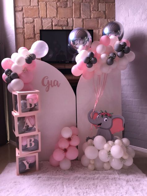 Pink Ballon Arch Baby Shower, Elephant Balloon Arch, Pink Elephant Baby Shower Centerpieces, Elephant Baby Shower Theme Girl Pink, Balloons Backdrop, Pink Elephants Baby Shower Backdrop, Pink Elephant Baby Shower Invitations, Holding Balloons, Elephant Balloon