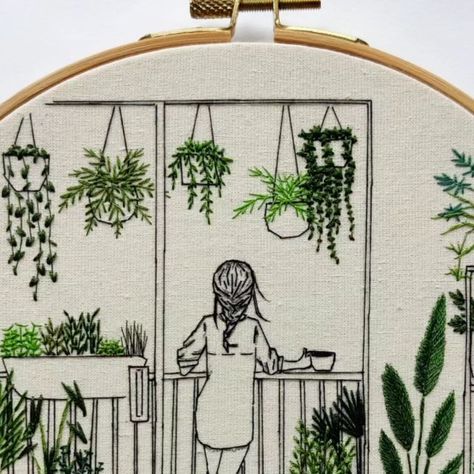 Famke on Instagram: "🪴☕🪴 . . . Green Balcony - 20cm added to the shop (StudioFamke on Etsy - link in bio) Weekend vibes! #plants #coffee #houseplants #balcony #embroidery #embroideryart #handmade #handstitching #modernembroidery #etsynl #etsy #etsyseller #etsyfinds #contemporaryembroidery #dmcembroidery #embroideryartist #embroideryhoopart #embroiderersofinstagram #artofinstagram #hoopartembroidery #dutchembroidery #interior #decoration" Green Balcony, Books Embroidery, Plant Embroidery, Embroidery Hoop Art Diy, Embroidery Hoop Crafts, Embroidery Hoop Wall Art, Contemporary Embroidery, Hand Embroidery Videos, Embroidery Videos