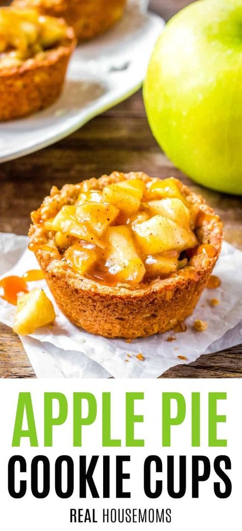 Apple Pie Cookie Cups are the most adorable way to enjoy apple pie! With a chewy oatmeal cookie crust and warm cinnamon apples - they're impossible to resist. #Applepie  #Thanksgiving Apple Pie Cookie Cups, Warm Cinnamon Apples, Apple Pie Cookie, Oatmeal Cookie Crust, Chewy Oatmeal Cookie, Apple Pie Cups, Mcdonalds Apple Pie, Dessert Fall, Apple Pie Oatmeal