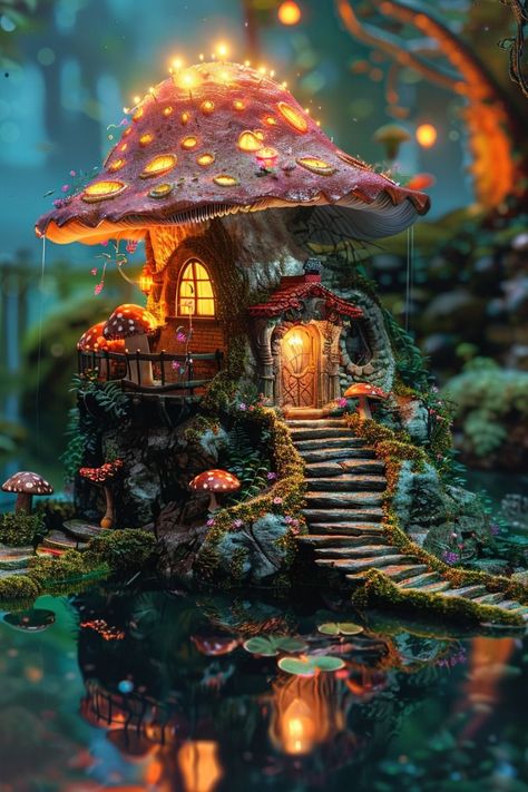 Mushroom Treehouse, Mushroom House Art, Halloween Mushroom, Fairies Aesthetic, Mushroom Character, Mushroom Village, Mushroom Home, Anime Realistic, Witches Cottage