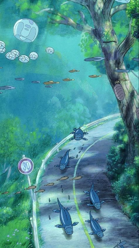 Ghibli Screensaver, Ponyo Underwater Scene, Ghilbi Scene Aesthetic, Studio Ghibli Pictures For Wall, Gibi Studio Wallpaper, Blue Wallpaper Ghibli, Studio Ghibli Horizontal Wallpaper, Blue Studio Ghibli Wallpaper, Dreamy Phone Wallpaper