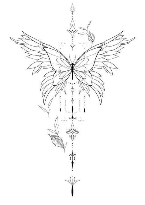 Angel Wings Spine Tattoo, Butterfly Back Tattoo Spine, Spine Back Tattoo, Angel And Butterfly, Angel Butterfly, Small Girly Tattoos, Torso Tattoos, Small Pretty Tattoos, Writing Tattoos