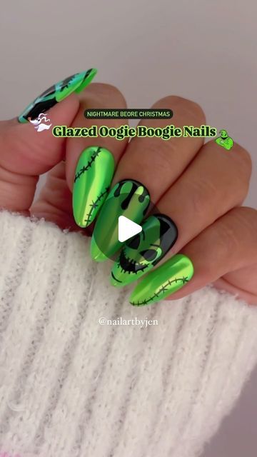 Jeanette Flores on Instagram: "Neon Glazed Oogie Boogie nails 💚🕸️🪲
Nightmare Before Christmas, but make it cutesy 🖤🎀 

Save & share for Halloween nail inspo, Follow for more tutorials 

Using @daily_charme (code: JEN10)
•N07 Sour Patch
•Chrome Effect Gel
•Emerald Stardust Chrome 
•5-in-1 Strengthening Gel
•Art Liner Brush
•Black Art Paint 
•Diamond Shine Top Coat

#neonnails #limegreennails #nightmarebeforechristmas #halloweennails #glazednails #chromenails #whitechromenails #coquette #demure #disneynails #sallynails #jackskellington #cleangirl #classynails #nailarttutorial #tutorial #diynails #uñas #nails #uñasdehalloween #oogieboogie #oogieboogienails" Oogie Boogie Nails Tutorial, Nightmare Before Christmas Nails Oogie Boogie, Boogie Nails, Oogie Boogie Nails, Oogie Boogie Song, Sally Nails, Lime Green Nails, White Chrome Nails, Liner Brush