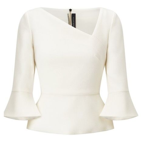 Roland Mouret Rudyard Top ($655) ❤ liked on Polyvore featuring tops, roland mouret, long-sleeve, white, white peplum top, peplum tops, asymmetrical neckline top and white top White Bell Sleeve Top, Bell Sleeve Tops, White Peplum Top, Stylish Kurtis Design, Long Sleeve Peplum Top, White Peplum Tops, African Print Tops, Peplum Tops, White Peplum