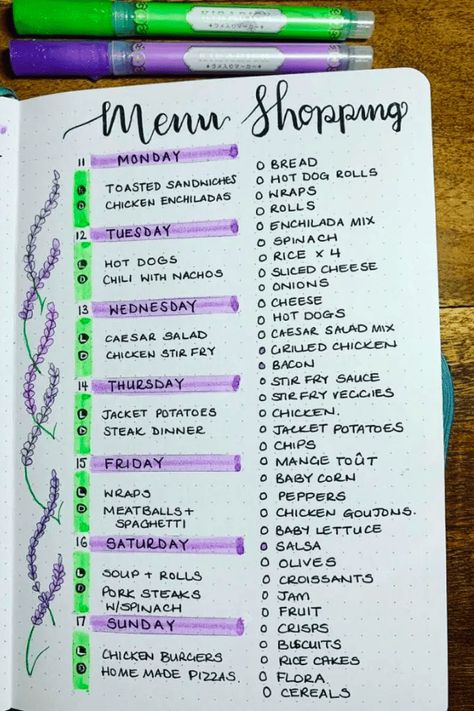 Meal Plan Bujo Layout, Bujo Food Diary, Cooking Journal Ideas, Bullet Journal Food Log, Meal Prep Bullet Journal, Bullet Journal Shopping List, Meal Plan Bullet Journal, Meal Plan Journal, Meal Planner Bullet Journal