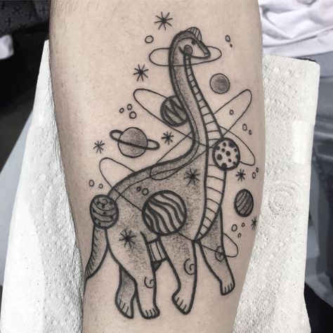 Dinosaur In Space Tattoo, Space Dinosaur Tattoo, Tattoo Ideas Space, Brontosaurus Tattoo, Nugget Tattoo, Brachiosaurus Tattoo, Egg Tattoo, Dino Tattoos, Dino Tattoo