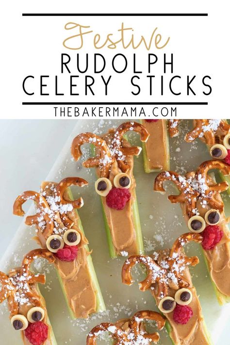 These Festive Rudolph Celery Sticks are my take on a favorite childhood snack. These Rudolph the Red-Nosed Reindeer Celery Sticks are almost too cute to eat. Made with celery, peanut butter, pretzels and a few trimmings, they’re a healthy, fun Christmas treat everyone will love! With powdered sugar snow on his pretzel antlers, and a red raspberry nose to light the way! Such a fun, festive twist to the peanut butter and celery snacks of our childhood. And they’re healthy, too. Celery Reindeer, Celery Snacks, Celery Sticks, Pretzel Twists, Peanut Butter Pretzel, Kids Cooking, Food Dinner, Rudolph The Red, Cooking Class