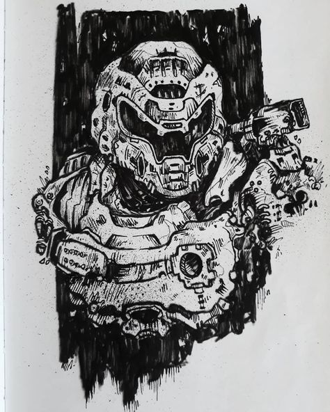 Doom Slayer Drawing, Doom Slayer Tattoo, Doom Slayer Sketch, Doom Drawing, Doom Tattoo, Doctor Doom Sketch, Doom Comic, Doom Guy, Slayer Tattoo