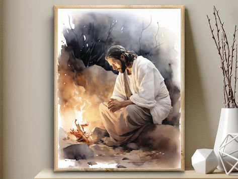 Jesus Wall Art, Luke 6, Jesus Praying, Prayer Wall, Christian Decor, Jesus Christus, Watercolor Wall, Deep Connection, Jesus Art