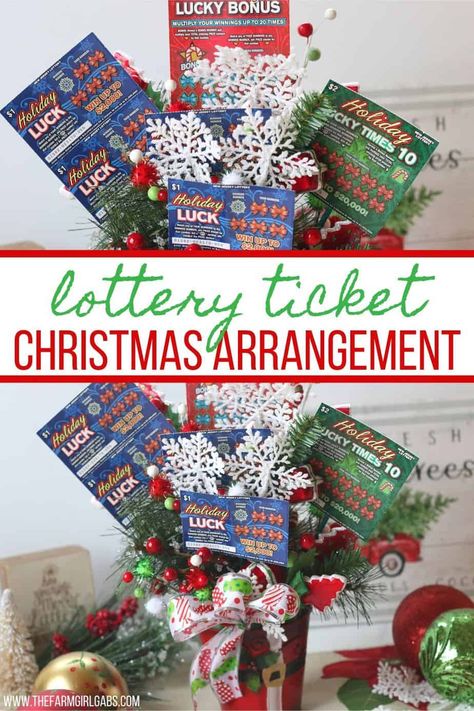 Ring in the holiday season with this easy gift idea. Share some luck this holiday by giving this DIY New Jersey Lottery Scratch Off Ticket Christmas Arrangement. This is an easy DIY Christmas craft. #ad #BestGifts, #TheGiftThatKeepsOnGiving #NewJerseyLottery #NJLotteryHoliday Lottery Tickets Gift Ideas Christmas, Christmas Scratcher Gift Ideas, Scratch Tickets Gift Ideas, Lottery Ticket Display Ideas, Lottery Christmas Tree, Lottery Scratcher Gift Ideas, Scratchers Gift Idea, Lottery Ticket Gift Basket Ideas, Lottery Ticket Christmas Tree