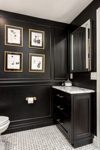 Before and After: 3 Bathroom Remodels With Vintage Vibes Black And White Half Bathroom, Black Half Bathroom, Black Powder Room, Black Tile Bathrooms, Black Wainscoting, Wainscoting Bathroom, Black Vanity Bathroom, Black Toilet, Half Bathroom